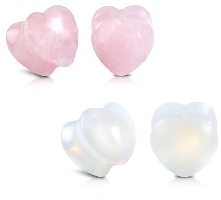 JESMODA 4PCS Ear Plugs Natural Stone Ear Gauges Double Flared Expander Rose Quartz Opal Stone Stretcher for Ear Heart Shape Set Body Piercing Jewelry Earrings for women and men 2G-5/8inch