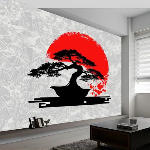 Vlies Fototapete Kinderzimmer B200 x H140 cm, Japanischer Kunststil Bonsai Baum Fototapeten Tapeten für Kindertapete - Grau Vliestapete Wandtapete Wanddeko Tapete 3D Effekt Schlafzimmer