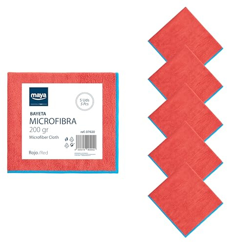 Maya - Bayetas de Microfibra para Limpieza sin Dejar Rayas | 40x40 cm | Pack de 5 Paños Terry 200G de Alta Absorción para Cocinas, Baños, Muebles y Cristales (Rojo)