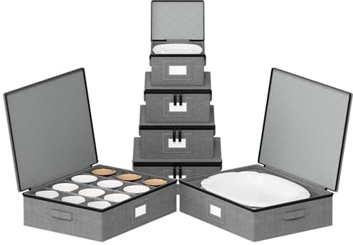SpaceAid China Storage Containers 6 Pack, Stackable Hard Shell Quilted Cases with Soft Plate Separators, Moving Supplies Packing Boxes for Dishes, Plates, Platters, Mugs, Cups (Grey)
