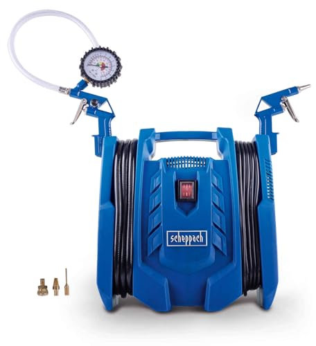 Scheppach Airforce 7 Air Compressor | 1100W Portable Electric Tyre Bike Inflator | 8 Bar | Inc. 4m Hose & Cable, Air Gun, Tyre Inflator & 3 Adapters