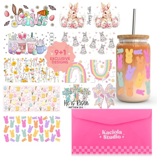 Kaciola 10 Sheets UV DTF Cup Wraps for 16 oz-Easter Day Theme UV DTF Stickers, 1 Sheet Mysterious Pattern Transfer, Rub on Transfers Stickers for 16 oz Libbey Glasses Crafting