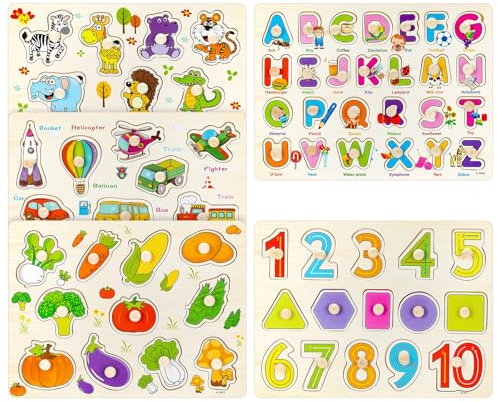 Holzpuzzle Holzspielzeug mit Knopf, Montessori Holz Steckpuzzle für Kinder 1 2 3 Jahr Alphabet Nummer Tier Gemüse Fahrzeuge Lehrspielzeuge Geschenk Jungen Mädchen (5 Stück)