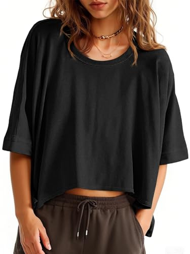 Cicy Bell T-Shirt Oversize da Donna Crop Top Girocollo Top a Maniche Corte Camicia Sportiva Estiva, Nero, XL