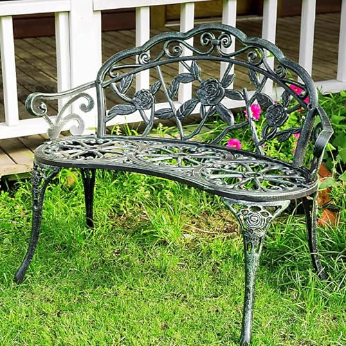 QSNYJPL 100 cm Gartenbank für Zwei Personen, Metall-Rückenlehne aus Aluminiumguss mit Antik-Finish, Parkbank, Parkbank für Rasen, Veranda, Weg, Hof, Einfache Montage(Green)