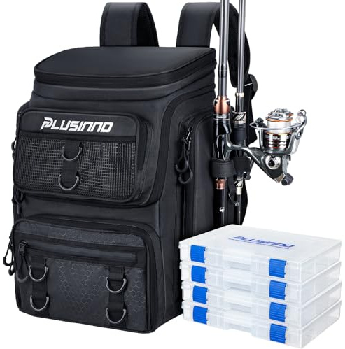 PLUSINNO Angelrucksack mit Rutenhaltern, Angelbox, 42 l, groß, wasserabweisend, für Angelausrüstung