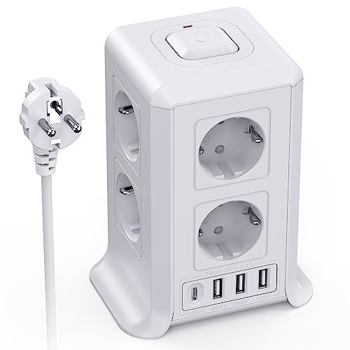 5 M Multipresa Verticale, Torretta Multipresa con 4 Porte USB e 8 Prese di Corrente, Vertical Power Strip con Protezione Dell'interruttore, Adatta per Uffici, Scrivanie e Camere da Letto di Casa