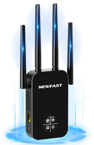 NEWFAST WiFi Booster Range Extender 1200Mbps Dual Band WiFi Extender Booster 5GHz & 2.4GHz, 4x Antennas, Access Point Hotspot with 360° Coverage, Wi-Fi Repeater, UK Plug