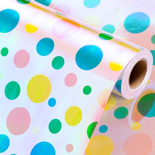 Wikadlik Geschenkpapierrolle mit bunten Punkten, 43 cm x 10 m, Geschenkpapier für Geburtstag, Valentinstag, Muttertag, Vatertag, Hochzeit, Abschlussfeier, Weihnachten