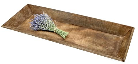Mango Vassoio decorativo grande con bordo alto – 58 x 20 cm – Vassoio in legno rettangolare naturale – Vassoio decorativo da tavolo per composizioni regalo di Natale