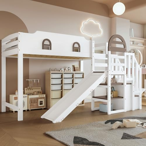 TOBIDOEN Lit mezzanine, 90 x 200 cm, toboggan et protection anti-chute, escalier de rangement avec main courante, design polyvalent pour chambre d'enfant, pin + MDF + contreplaqué, blanc + marron