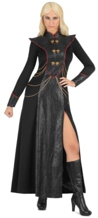 My Other Me - Disfraz Princesa Dragón mujer adulto negro | Incluye vestido negro con franja plateada central, hombreras marcadas, ribetes rojos, botones dorados y cadenas decorativas