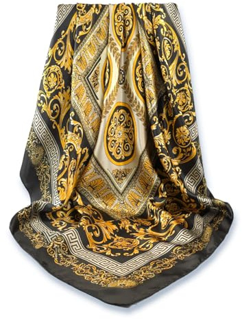 GLORIS sidenscarf dam elegant 90 x 90 cm sidenscarf hår sidenscarf halsduk dam siden elegant satinduk halsduk siden bandana duk huvuddukar ansats halsduk, Mäander svart, 90X90 cm