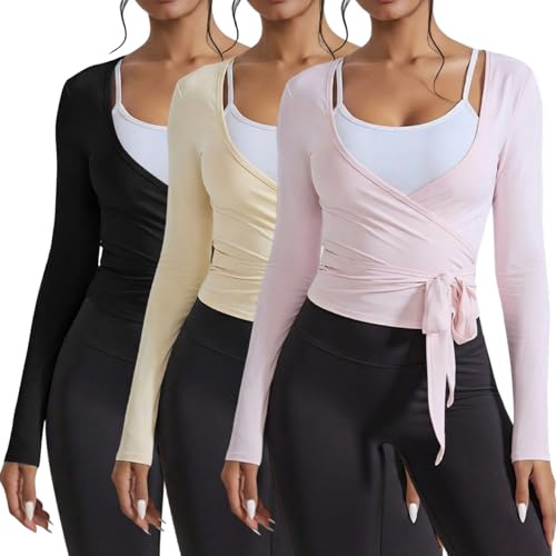 Simlakey 3 Pack Women Ballet Pilates Wrap Tops Y2K Workout Yoga Shirts Dance Long Sleeve Tie Front Crop Tops(Medium,Black, Beige, Pink)