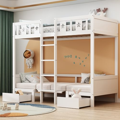 Oxtao Platzsparendes Etagenbett für Kinder, Hochbett mit Flexibler Tisch und Holzsofa, Kinderbett mit Treppe und 2 Schubladen, 90x200cm Funktionsbett Stockbett, Holzbett (Weiß, 90x200CM)
