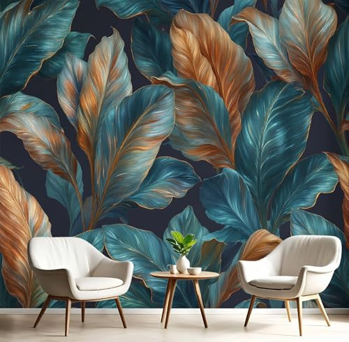 3D Carta Da Parati Panoramica Arancione Blu Delicate Foglie Di Banano 150X105Cm Seta Murali Panoramica Piante Luminose Per Soggiorno,Adulto Camera Dei Bambini,Ristorante Decorazione