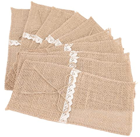Haofy Lot de 20 Porte-ustensiles de Table en Toile de Jute de Style Rustique pour Décoration de Mariage et Pique-nique Familial – Porte-couverts en Lin avec Bordure en Dentelle, Rangement