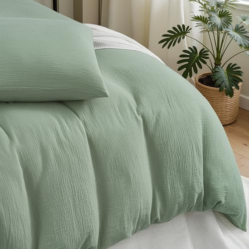 Duvetnova Salbeigrün Musselin Bettwäsche 135x200 Baumwolle,ÖKO-TEX Allergiker Bettwäsche 135x200 Kinder Grün,Extra Weich & Atmungsaktiv 1 Bettbezug 135x200 + 1 Kissenbezug 80x80 mit Reißverschluss
