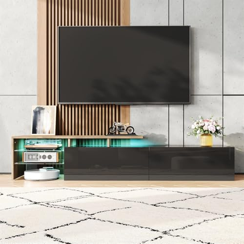 Generisch Design Moderne de Meuble TV - Élégant et Chic, Rangement Pratique, Blanc laqué, Aspect Bois, étagères en Verre, éclairage LED,Noir