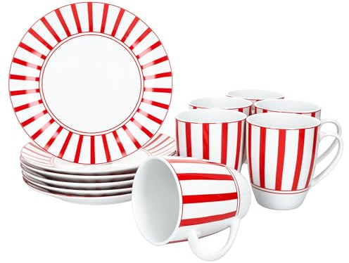 MamboCat Split Service de petit-déjeuner 12 pièces I 6 assiettes à gâteau rayées et 6 tasses à café en porcelaine I 6 personnes I Décor à rayures rouges I pour le petit-déjeuner et le café