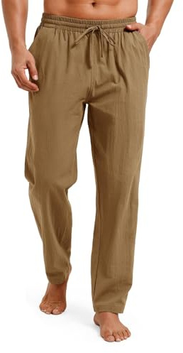 Runcati - Pantaloni lunghi in lino da uomo, leggeri, estivi, casual, da spiaggia, a tinta unita, con tasche, marrone, XL