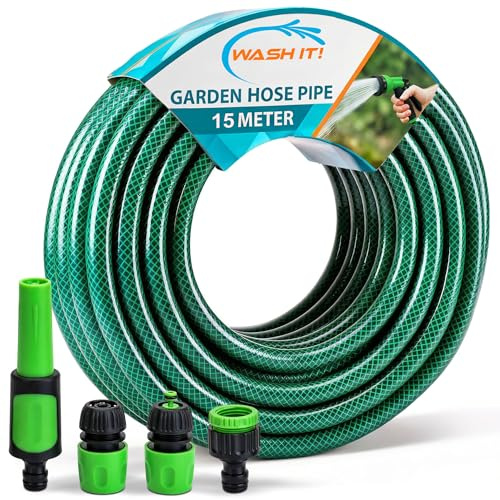 5pc Garden Hose Pipe with Connectors and Adjustable Spray Nozzle Fitting - Reinforced Weatherproof Garden Hosepipe with Hose Nozzle and Hosepipe Connectors for Car Washing and Plant Watering (15m)