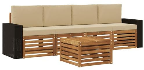 vidaXL Outdoor-Sofagarnitur 5 pcs Natur und Beige Massivholz Akazie, Garten Lounge-Sofa, strapazierfähige Außensitzgruppe, modernes Terrassenmöbel, bequemer Wohnbereich