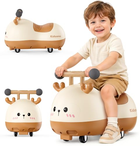 Kidiyana Rutschauto für Babys und Kleinkinder ab 10 Monaten, Hirsch Rutschfahrzeug mit 4 Rädern, Kinderrutscher, Sitzfahrzeug mit Buchenholzgriff, ABS-Korpus, 360 Grad Rollen, bis 30 kg
