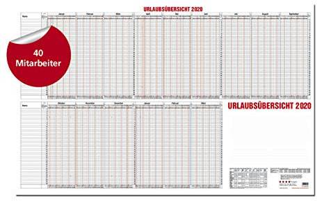 GÜSS Urlaubsplaner für 40 Mitarbeiter 2020, 12-30: DIN A1 - 190 g/m² Postkartenkarton - 2-farbiger Druck - Schulferienübersicht - Zeilenhöhe: 6mm - Größe: 98,5 cm x 60cm