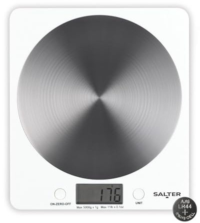 Salter White Disc Digital Kitchen Scale – Electronic Food Scale, Add & Weigh Multiple Ingredients, 5kg Capacity, Aquatronic for Measuring Liquids, Easy Read LCD Display, Includes Battery