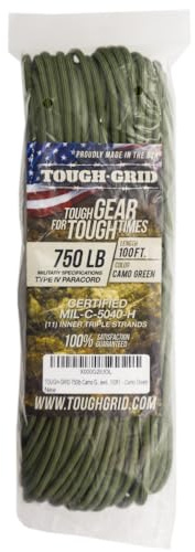 TOUGH-GRID PC100 340kg Paracord - 100% Nylon Militärspezifikationen Typ IV - für Militär, Camping, Kunsthandwerk, Hängematten, Notfälle - Tarngrün