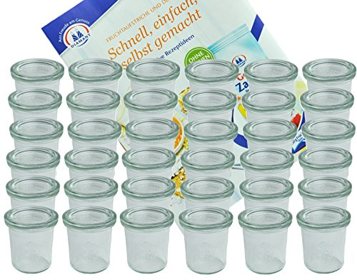 MamboCat 36er Set Weck Gläser 140 ml Sturzgläser mit 36 Glasdeckeln mit Diamant-Zucker Gelierzauber Rezeptheft I Original Weck Sturzglas Dessertglas I Einweckgläser mit Deckel für Kuchen Gelees