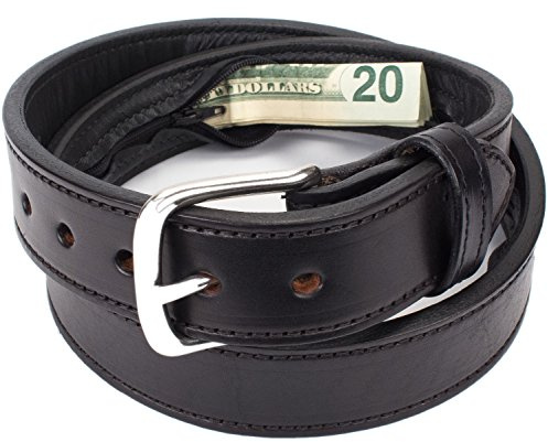 Hidden Money Pocket Travel Leather Belt (Size 36, Black)