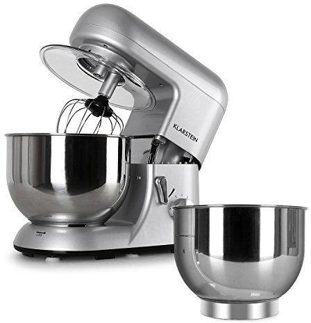 Klarstein Bella Argentea - Küchenmaschine, Rührmaschine, 5,2 L, Rührschüssel, Knetmaschine mit 1300 W, 6-stufige Geschwindigkeit, Edelstahlschüssel, Küchenmaschine + Zusatzschüssel, silber
