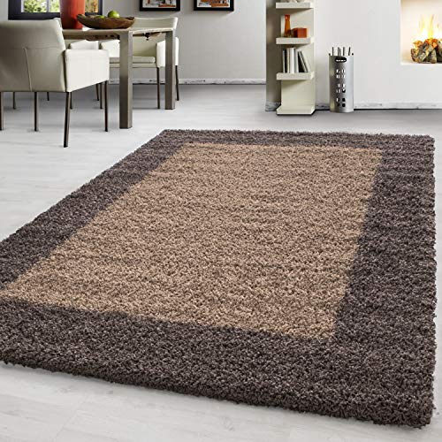 Hochflor Teppich Wohnzimmer Bordüre Design Schlafzimmer Esszimmer Flur Küchenteppich Weich & Flauschig Langflor Pflegeleicht Rechteckig Teppich in Farbe: Taupe, Grösse: 300 x 400 cm