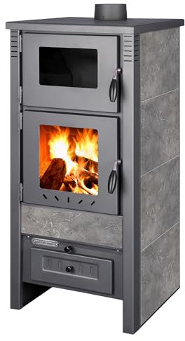 ProTermo Taurus Schwarz/Antrazit Kaminofen mit Backfach – 12kW Heizleistung - Holzofen mit Schamottstein Energieeffizienzklasse A 52 x 50 x 107cm 2 Sichtfenster