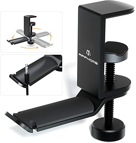 APPHOME Under Desk Headphone Stand - 360 Degree Rotating Aluminum PC Gaming Headset Holder with Cable Organizer, Adjustable Screw Clamp Hanger for Heavy Headphones, VR Glasses & Bags, Universal Fit