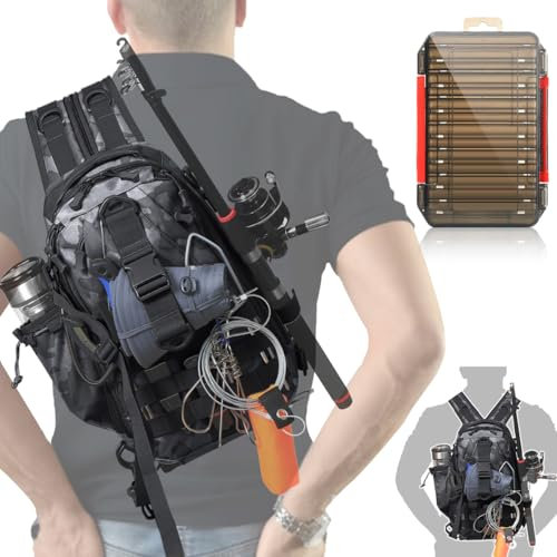 Aertiavty Kompakte Angelausrüstungstasche, Angeltasche mit Angelbox und Rutenhalter, Outdoor-Sport, Angelrucksack, Schwarz-Camo, S, Modern