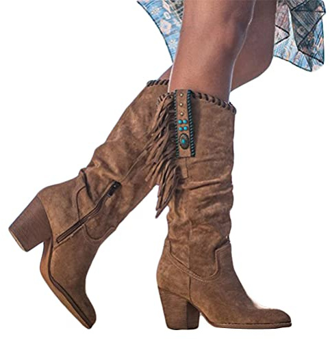 Onsoyours Moda Donna Autunno e Inverno Stivali con Tacco Alto Spessi con Frange Stivali Alti con Tacco Alto Incontri Ballerino Partito Stivali al Ginocchio Marrone 40 EU