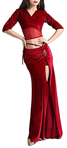 GUOCU Damen Herbst Winter orientalisch Bauchtanzanzug Bauchtanz Kleid aus Samt Bühnenbekleidung für Tänzer Performance-Tanzkostüm Tops mit V-Ausschnitt und Split Maxiröcke mit Strass Rot M