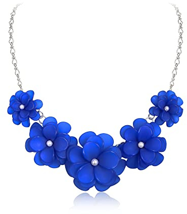 EVER FAITH Blume Kragen Halskette Floral Flower Statement Sommer Strand Chokers Halsketten für Damen Mädchen blau
