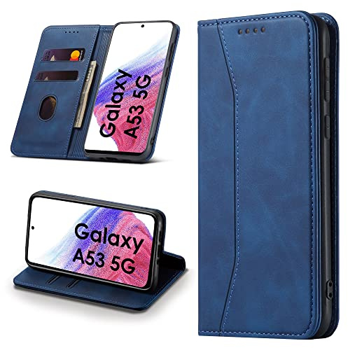 Leaisan Handyhülle für Samsung Galaxy A53 5G Hülle Premium Leder Flip Klappbare Stoßfeste Magnetische [Standfunktion] [Kartenfächern] Schutzhülle für Samsung A53 5G Tasche - Blau