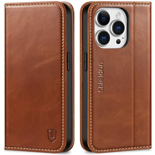 SHIELDON Lederhülle für iPhone 14 Pro 6,1 5G 2022, Retro Braun | Echtleder, RFID-Sperre, Kartenfach, Magnet Klapphülle, Standfunktion, TPU Case, Handyhülle, Schutz Phone Etui