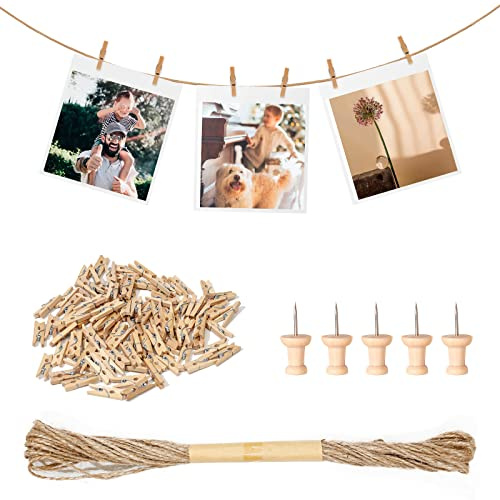 Furuising 150Pcs 2.5cm Mini Wooden Pegs with 10M Jute String and 5 Pins | Small Photo Pegs, Little Natural Photo Clips Peg for Hanging Photos and Pictures, Christmas Wall Display, Weddings & Party