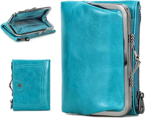 CONTACTS Damen RFID Geldbörse mit Kiss Lock, Echtes Leder Multifunktions Bifold Münzbörse mit Reißverschlusstasche Vintage, Kreditkartenhalter Kleine Clutch mit ID-Fenster (Blau)