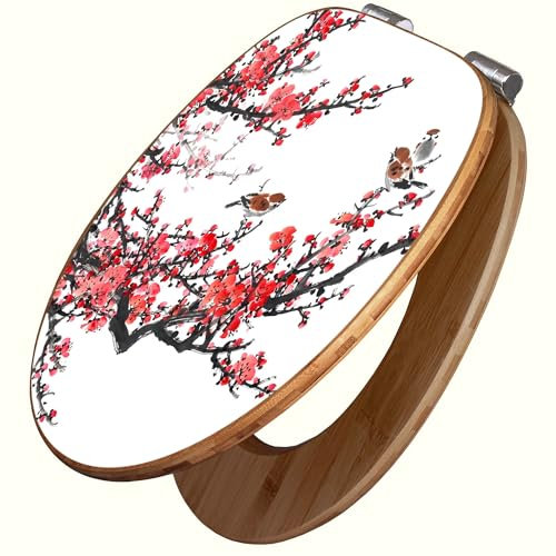 banjado Design WC Sitz Bambus Absenkautomatik 45,8x37,5cm / Toilettendeckel mit Absenkautomatik Holz/hochwertiger Bambus Klodeckel/WC-Sitz für gängigen Toiletten/Motiv Japanische Blüten 1