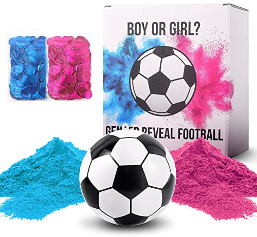 Balón de fútbol revelador de género niña o niño, Kit Completo para Baby Shower con 2 Paquetes de Polvos de Colores y 2 Paquetes de Confeti Rosa y Azul (Pack)