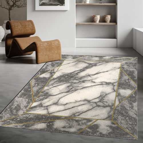 TT Home Wohnzimmer Teppich Kurzflor Wohnzimmerteppich 3D Optik Modern Marmor Design, Farbe:Gold 5, Größe:160x230 cm