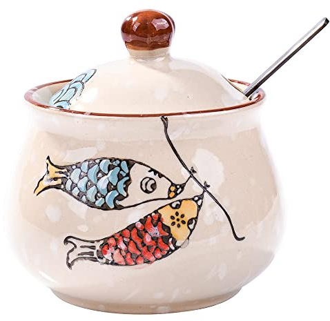 Sucrier japonais en céramique avec couvercle et cuillère, avec cuillère et couvercle (style 3)