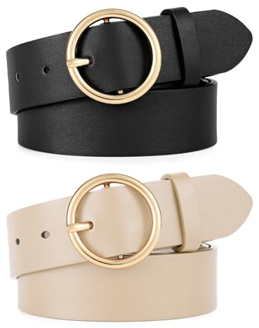 WERFORU 2 pezzi cintura in pelle da donna per jeans pantaloni moda donna cintura in pelle con fibbia oro O-ring